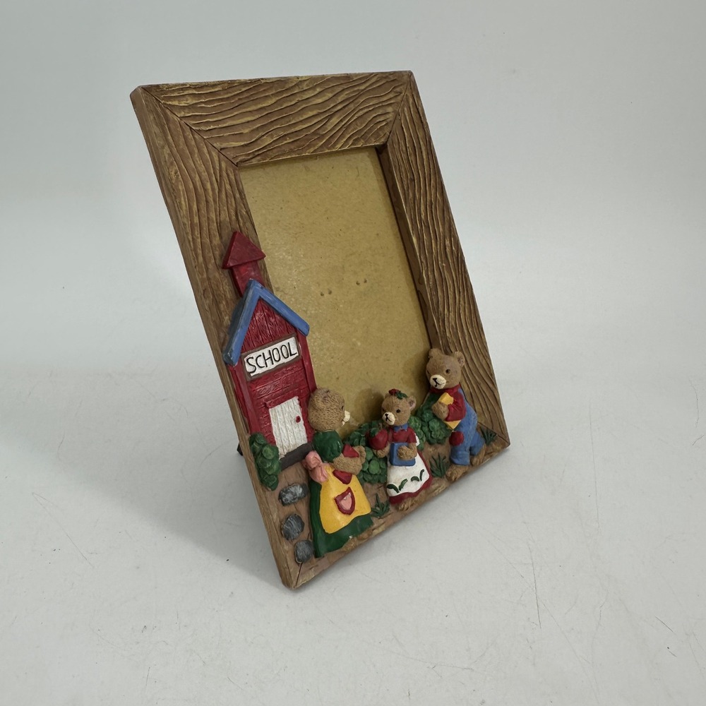 Vintage Teddy Bear Schoolhouse 3D Resin Picture Frame Rustic Wood Look Decor